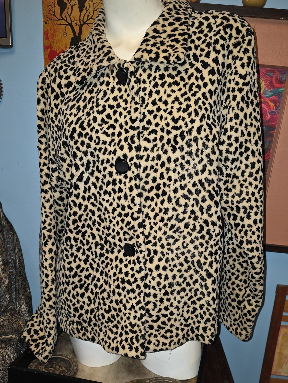 Leopard Print Pea Coat Jacket - Black & Cream